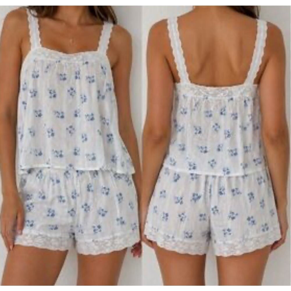 NWT Joie Sleep White w/Blue Details Pajama Set Sz S Lace Embroidered Lightweight
